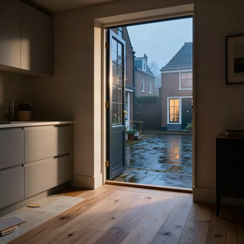 Renovatie-interieur van een Nederlands herenhuis met keukenhoek, hout en natte binnenplaats