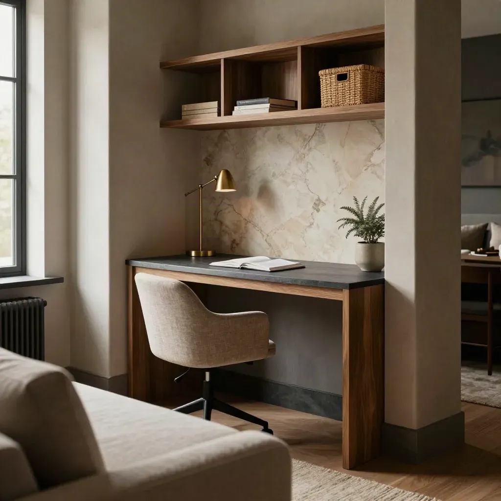 Compact thuiskantoor achter een scheidingswand naast de woonkamer, warm en rustig ingericht.
