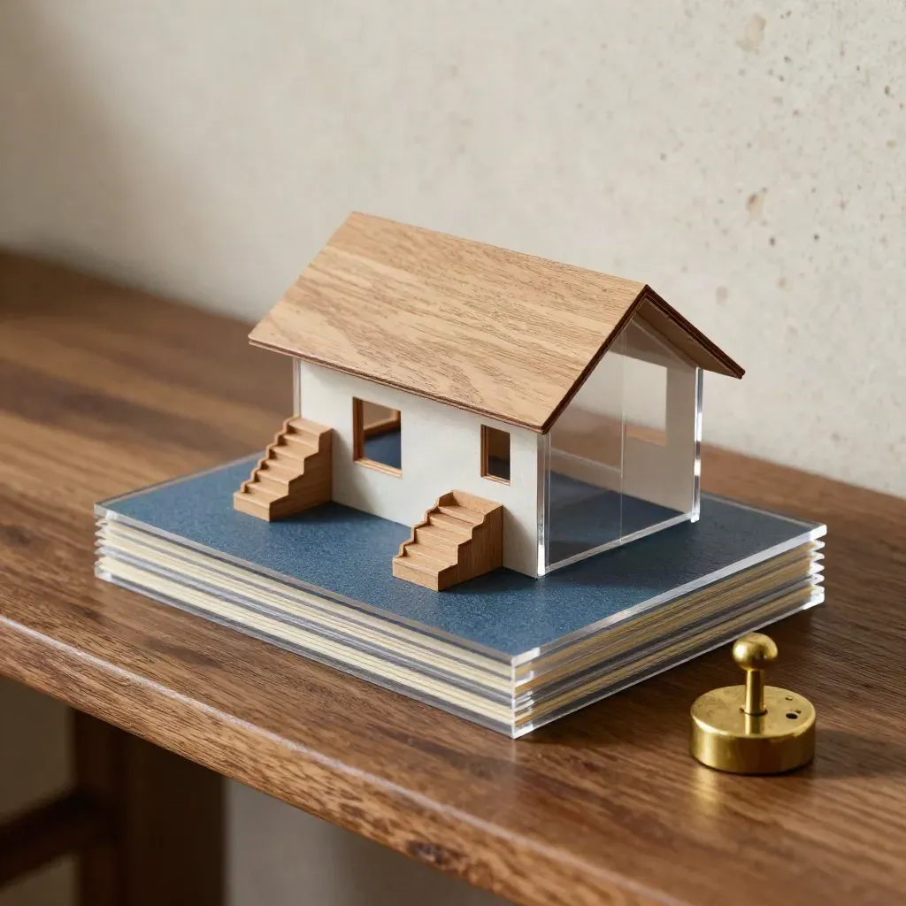 Macro van een foammodel van een huis met transparante tekenvellen en een messing papiergewicht op eikenhout.