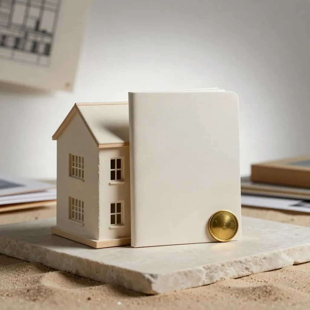 Miniatuur gevelmodel, dossiermap en messing zegel op een stenen plaat in zacht sidelight.