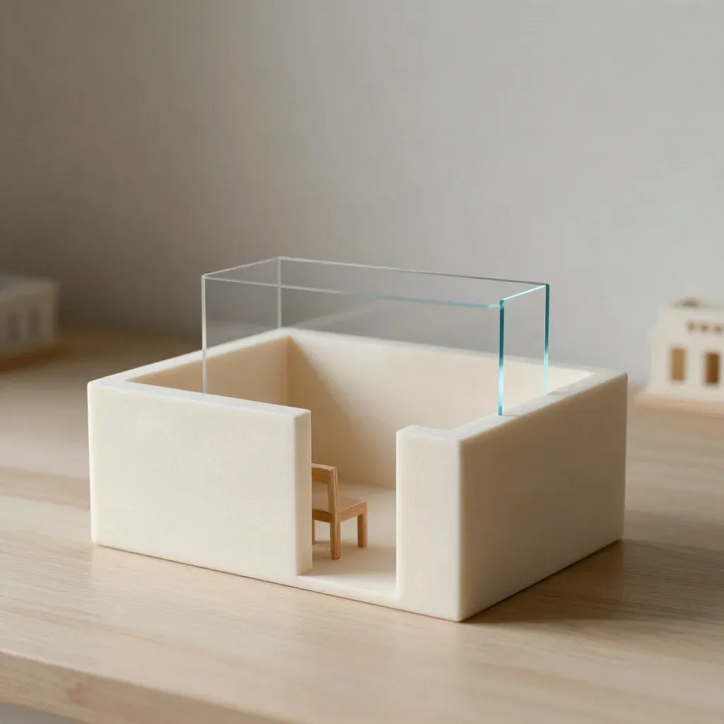 Foam maquette met deuropening, stoeltje en transparante overlay op licht houten tafel.